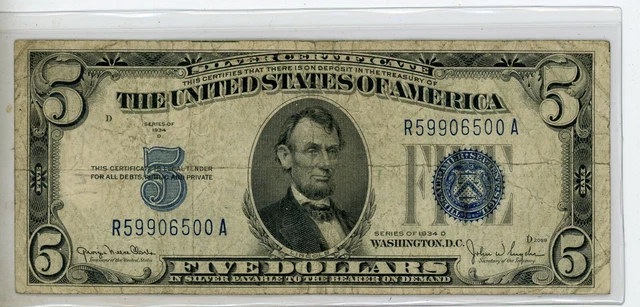 1934 D - 5 Dollar Blue Seal Silver Certificate United States Note - 2338