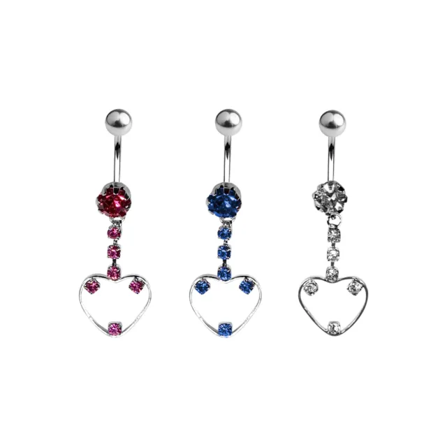 Belly Navel Dangle Ring Surgical Steel Heart with CZ Gems 14g