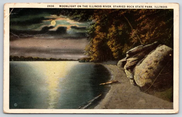 1920 Starved Rock Illinois State Park River Moonlight Bayshore Posted Postcard