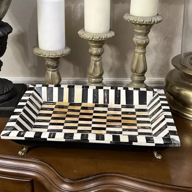 Luxury Bone Inlay Black And White Brass Footed Rectangle Tray