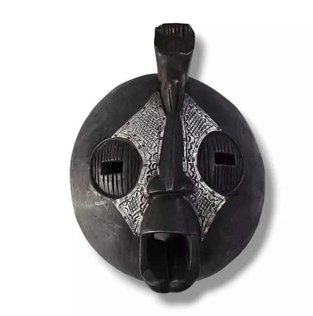 Vintage Round Tribal Mask Wood Mask African Art Ghana  W/ Hammered Metal
