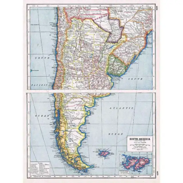 Antique Map 1920 - ARGENTINA, CHILE, FALKLAND ISLANDS - Harmsworth Atlas