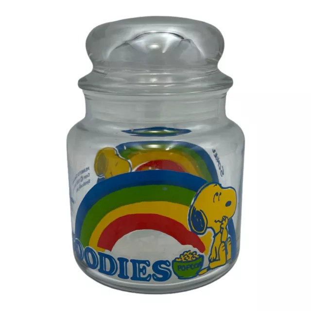 Vintage Peanuts Snoopy Woodstock Rainbow Goodies Glass Candy Jar w/ Lid 1965 USA