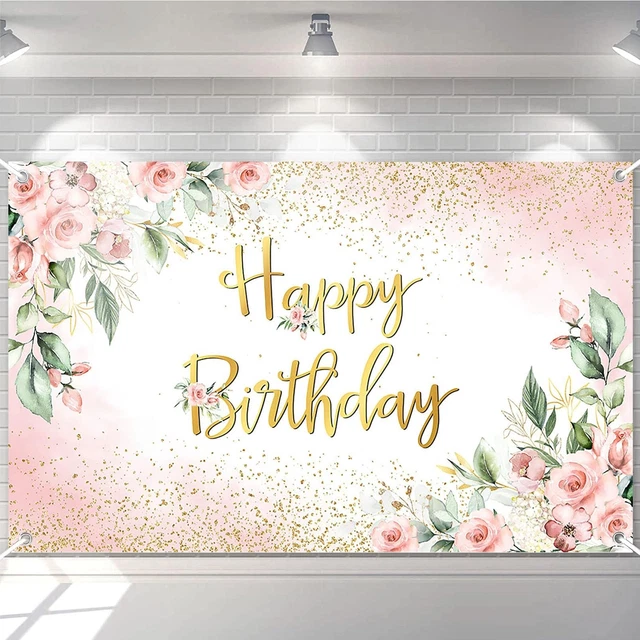 Avezano Rose Gold Happy Birthday Backdrop - Pink Floral Golden Flash Banner 70.8x43.3 Inch For Women's Party Decor