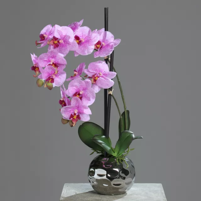 Orchidee Kunstpflanze Phalaenopsis Pink H. 50cm Keramiktopf Silber Kunstblume