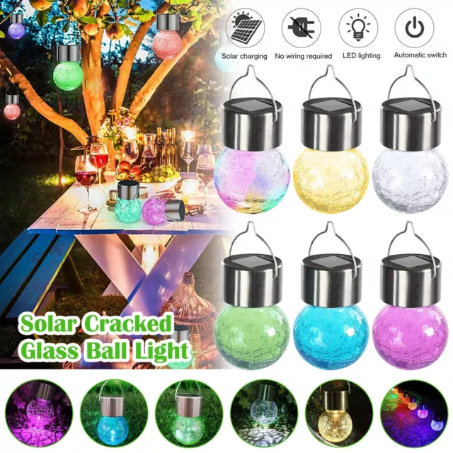 Solar Powered Garden Lights LED Crackle Glass Ball Light Steel Garden Outdoor UK