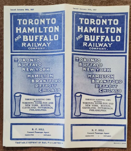 Toronto Hamilton & Buffalo Railway January 10, 1937 Timetables Reprint