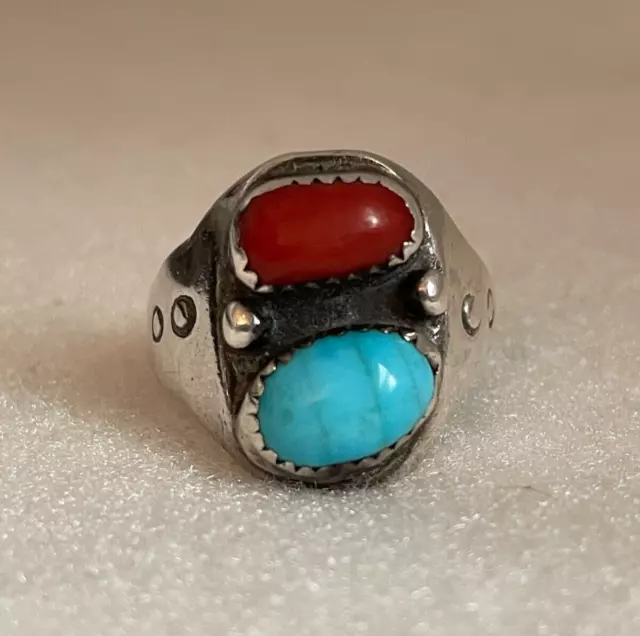 Vintage Old Pawn Navajo Sterling Silver Turquoise Coral Ring Size 9.75