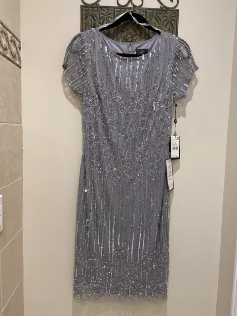 ADRIANNA PAPELL Womens Sequin Beaded Mesh Silver/Gray Cap Sleeves Dress NWT