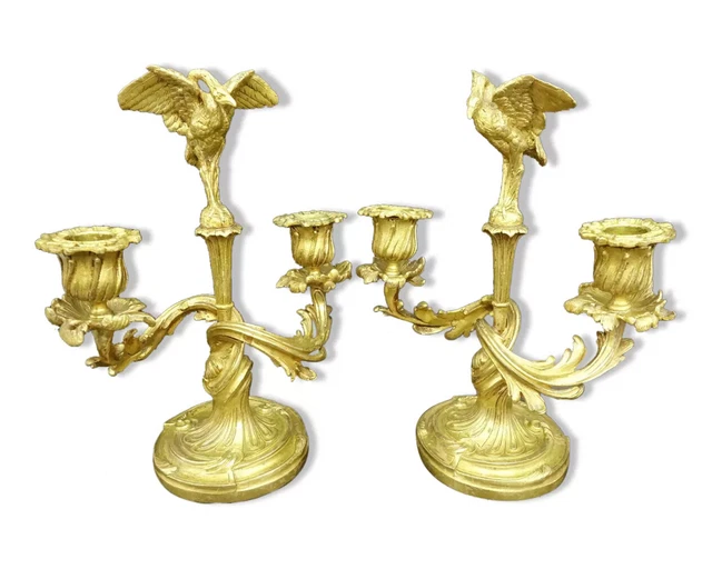 Pair Candleholders With Herons Louis Xv Style Era 19Th - Bronze - French Antique