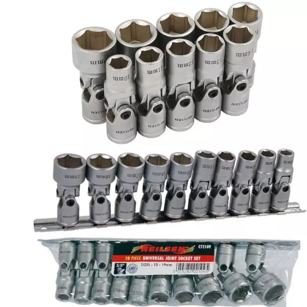 10pc Universal Joint Socket Set 3/8dr 10-Piece Shallow 10-19mm On Rail Ct2109