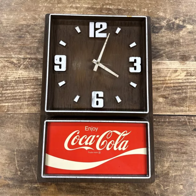 Vintage Coca Cola Wall Clock Impact International Plastic Woodgrain 1970s WORKS