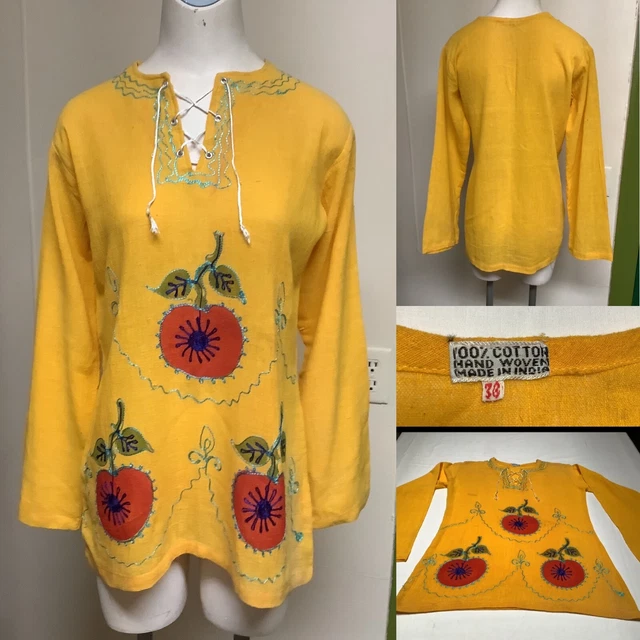 VTG 1970’ Woman’s Cotton Gauze Top / Blouse Appliquéd & Embroidered .Colorful