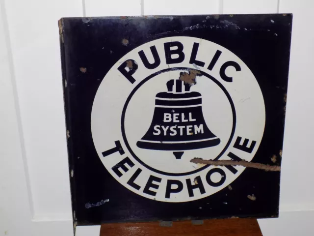 Vintage Bell System Public Telephone Porcelain Double Sided Flange Sign