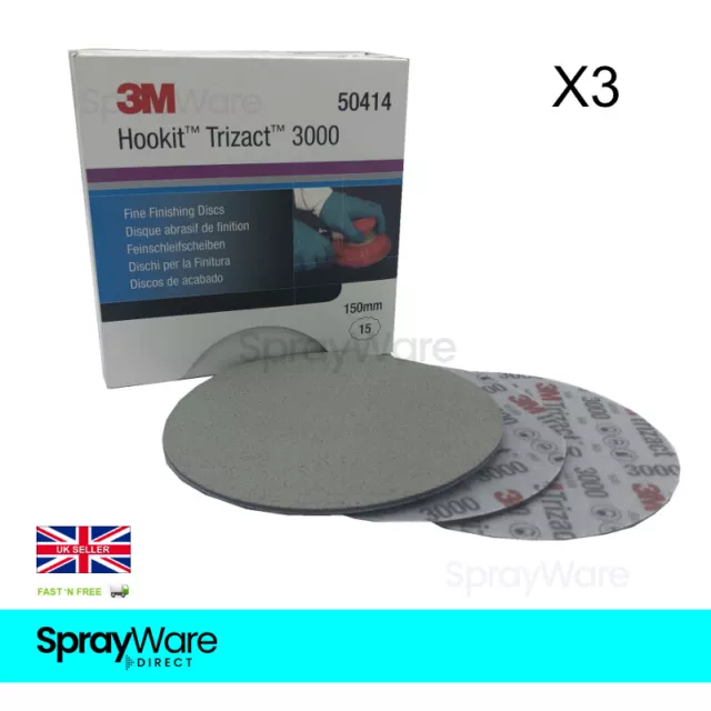 3M Trizact Hookit 3000 150mm 6" Wet or Dry Fine Finishing Sanding Discs 50414 X3