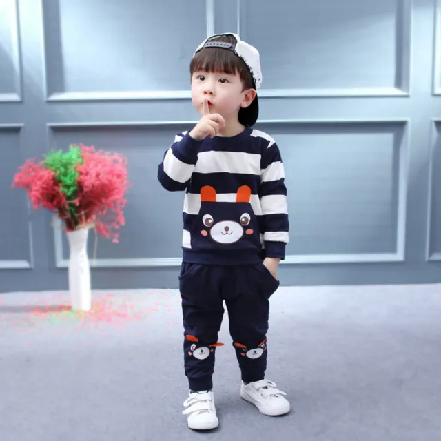 Autumn Winter Kids Baby Girl Boy Clothes Set Striped Bear Tops+Pants Outfits
