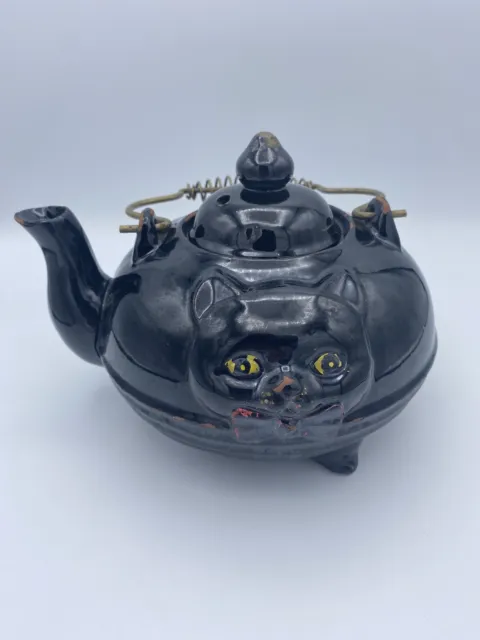 Vintage Shafford Redware Vintage Black Cat Porcelain Teapot Kettle Hand Painted