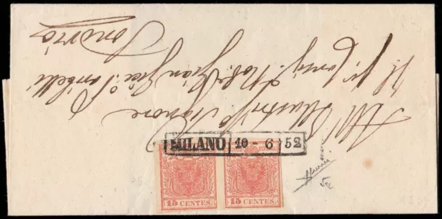 LOMBARDO VENETO 1852  15 CENT. ROSA CARMINIO  II TIPO CARTA A MANO SASS. N 5a CP