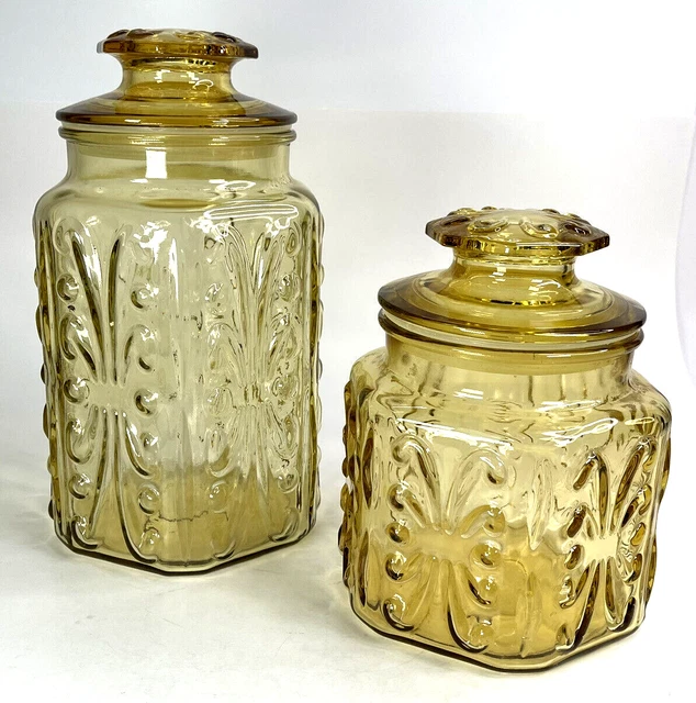 Imperial Glass Amber Gold Kitchen Canisters Jars Atterbury Scroll  9" & 6.5"