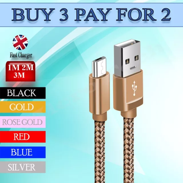 Strong Braided Micro USB Cable Fast Charging Lead For Phone Tablet 1m 2m 3m 2