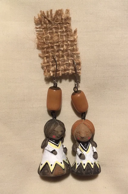 OOAK Girl In White Dress Ceramics Handmade Earrings .