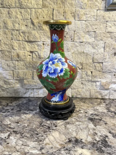Vintage Chinese Cloisonne 7 1/8” Tall Vase Red Flowers Bird Gold Trim W/ Stand
