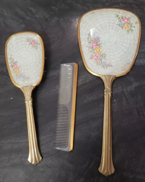 Vintage Vanity Dresser Set of Brush Mirror Comb Victorian Gold Tone Floral