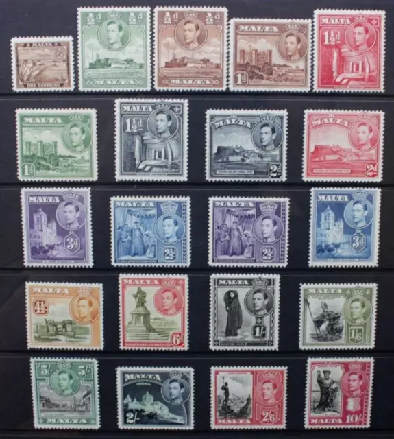 MALTA 1938-43 KGVI Definitives. Set of 21 to 10/-. Mint HINGED. SG217/231.