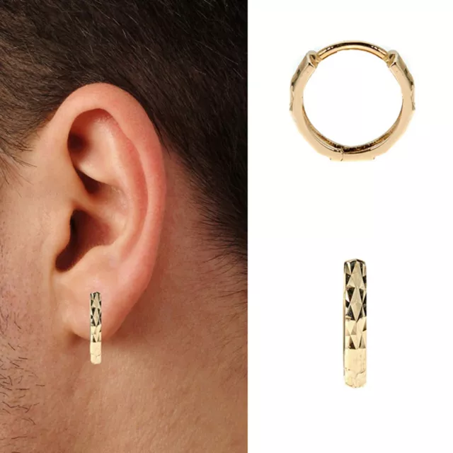 14K Solid Yellow Gold Mens Single Huggie Hoop Earring DC 12mm X 2.3mm (1/2 Pair)