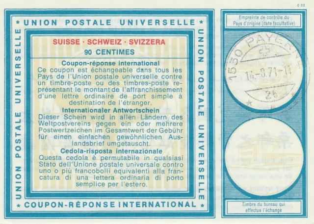International Reply Coupon Switzerland 1971 90c