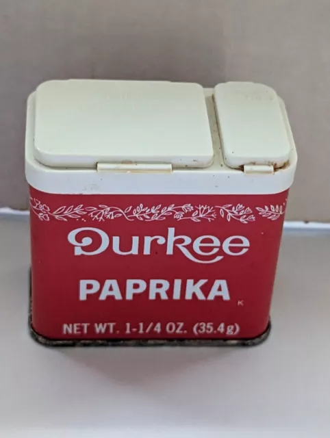 Vintage Durkee Tin PAPRIKA SPICE 1 - 1/4 oz  35.4 g Cleveland OH USA, 3/4 full