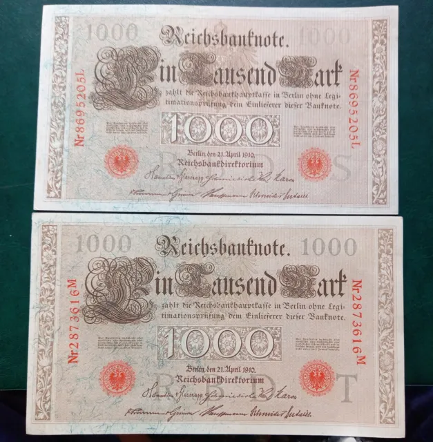 GERMANY Reichsbanknote 1000 Mark - 1910 - Red  Seal - 2 pcs