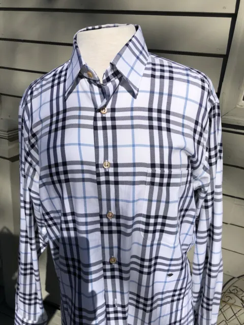 BURBERRY Men's Cotton Nova Check Print White Blue Navy Shirt Size M