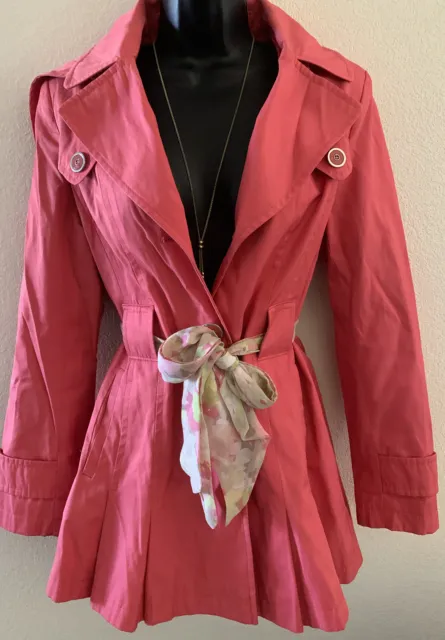 Via Spiga Size PM Coral Trench Coat Belted Classic Hooded Rain Jacket