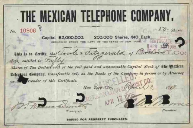The Mexican Telephone Company 1899 New York 50 Shares Orginalunterschriften