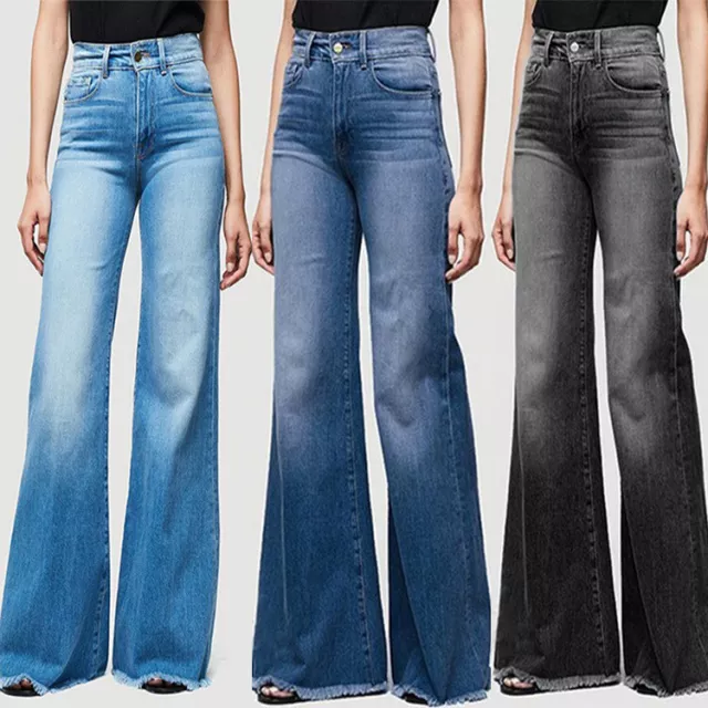Womens Wide Leg Denim High Waist Flared Jeans Bell Bottom Pants Casual Trousers