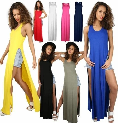 Donna T Shirt Hugh Racer Spacco Laterale Cut Out Schiena Muscoli Abito Top Maxi