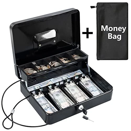 Cash Box with Money Tray, Key Lock Money Safe with Security Cable an...