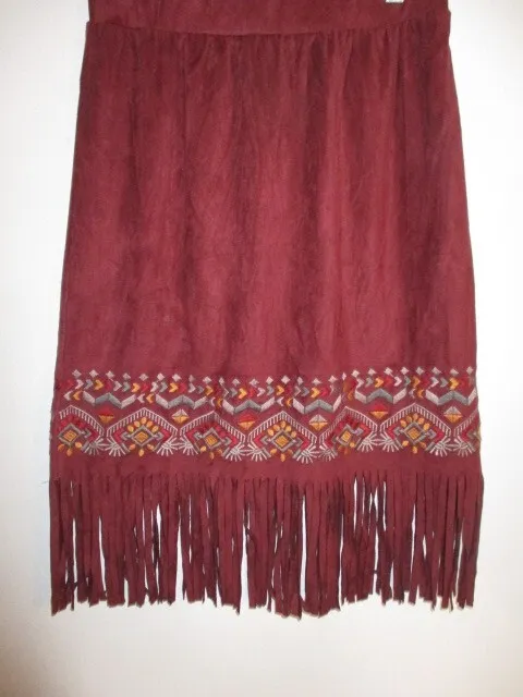 NWT Umgee FAB! Burgundy Faux Suede Embroidered Fringe Navaho Pull On Skirt   S