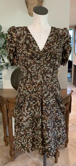 m60 miss sixty women 2 Brown print short puffed sleeve V-neck sheath dress H