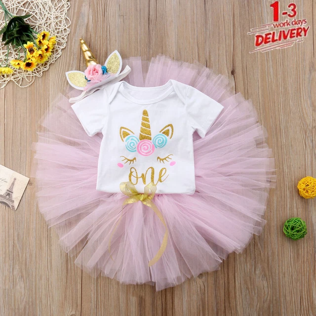Baby Girls Unicorn Outfits 1st Birthday Romper + Tutu Skirts Dress Headband Set