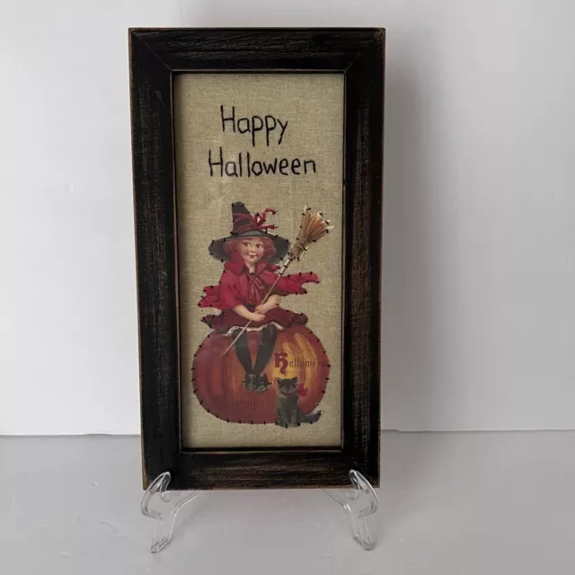 Happy Halloween Stitched Picture Vintage Inspired Cute Witch Girl On Pumpkin