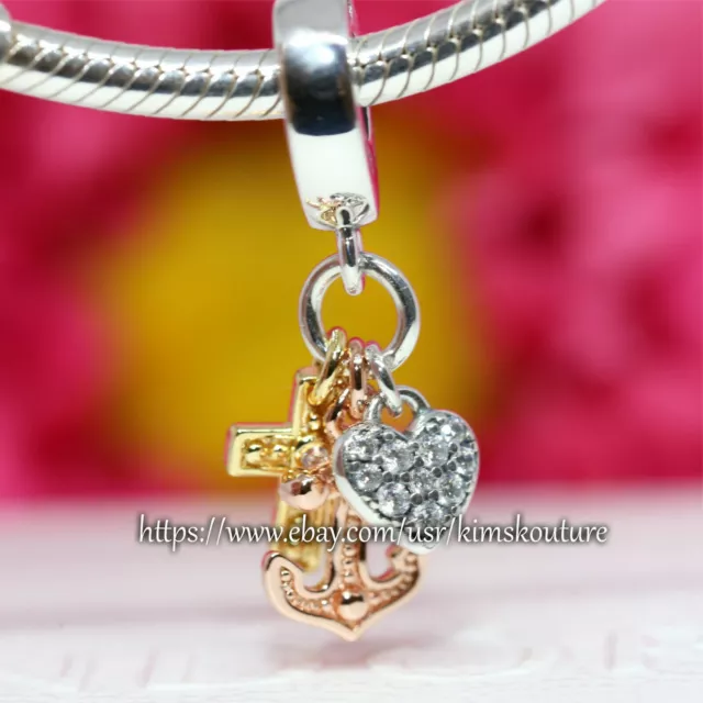 Authentic  Sterling Silver Triple-tone Cross Heart & Anchor 799354C01 Charm