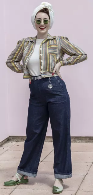 Jeans donna gamba larga, vita alta, rialzati, svasati, denim blu indaco, anni '40