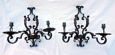 French Art Deco Wrought Iron Pair Wall 2 Light Sconce Foliage 1940's