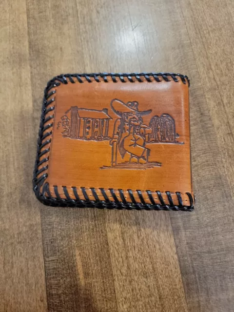 Vtg Antique Handmade Tooled Leather Western Wallet Cowboy & Ladies Mexico Bifold