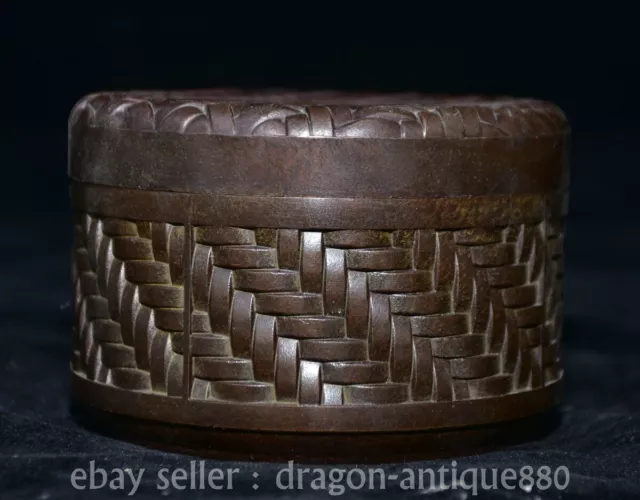 3.6" Old Chinese Xuande Marked Bronze Bamboo Weaving Pattern Jewelry Storage Box