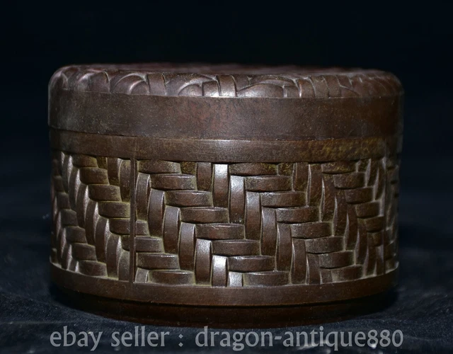 3.6" Old Chinese Xuande Marked Bronze Bamboo Weaving Pattern Jewelry Storage Box