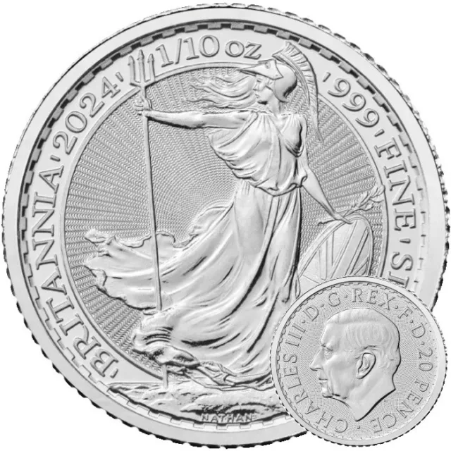 Britannia 2024 Silbermünze 1/10oz Silber 999 Ag 20 Pence Royal Mint Kapsel