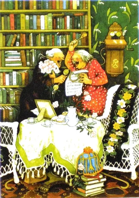 Postcard Two Old Ladies Singing Phone Song Cafe Celebration Inge Look Finland